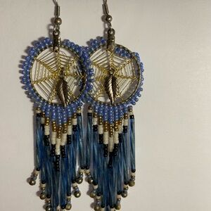 Blue and Gold Dreamcatcher Earrings